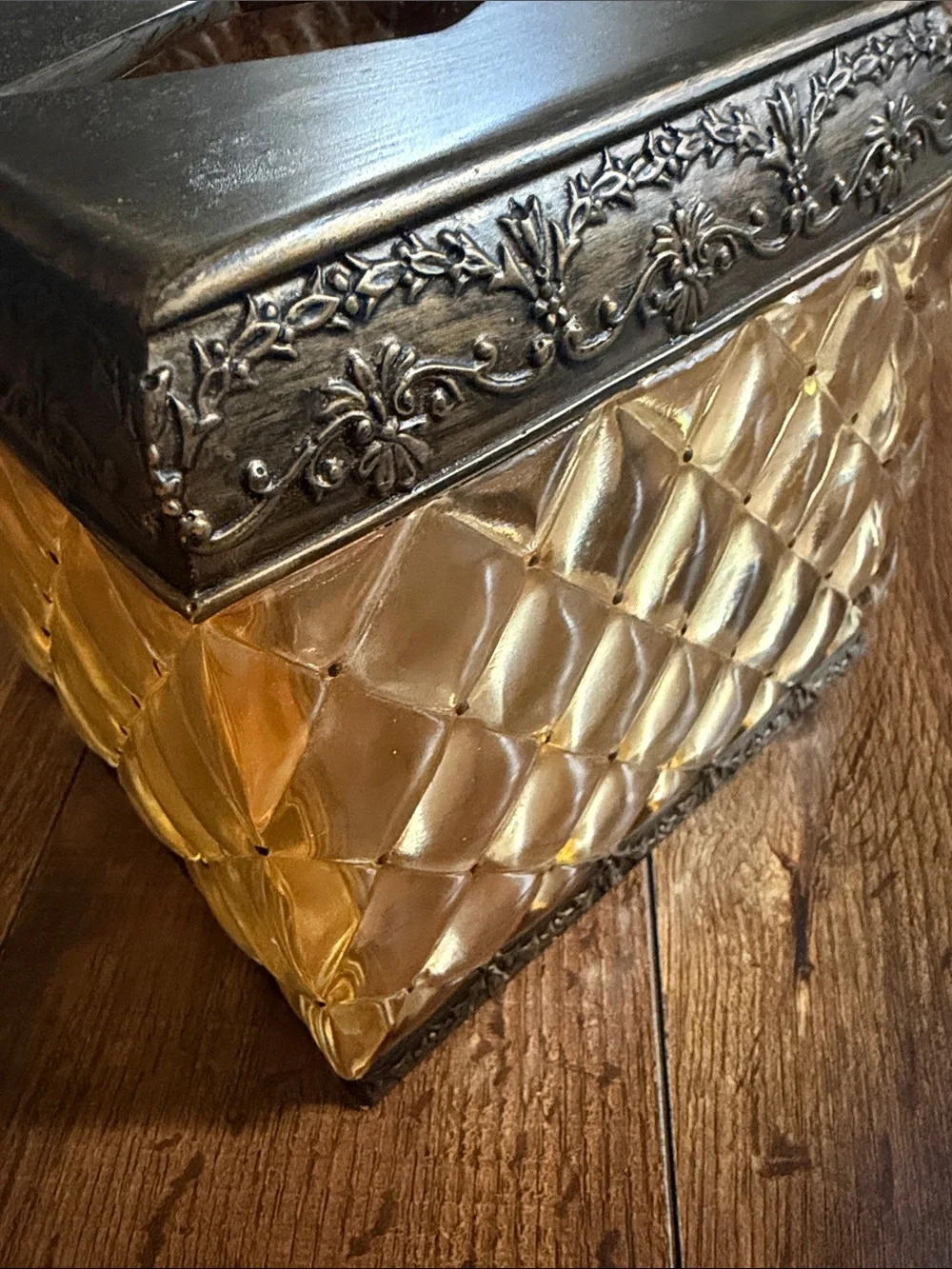 Vintage Amber Glass and Antique Gold Tone Tissue Box Cover